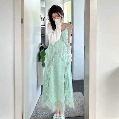 Fairy Green Floral Dress Women's Mid-length Summer New Spaghetti Strap Dress 396