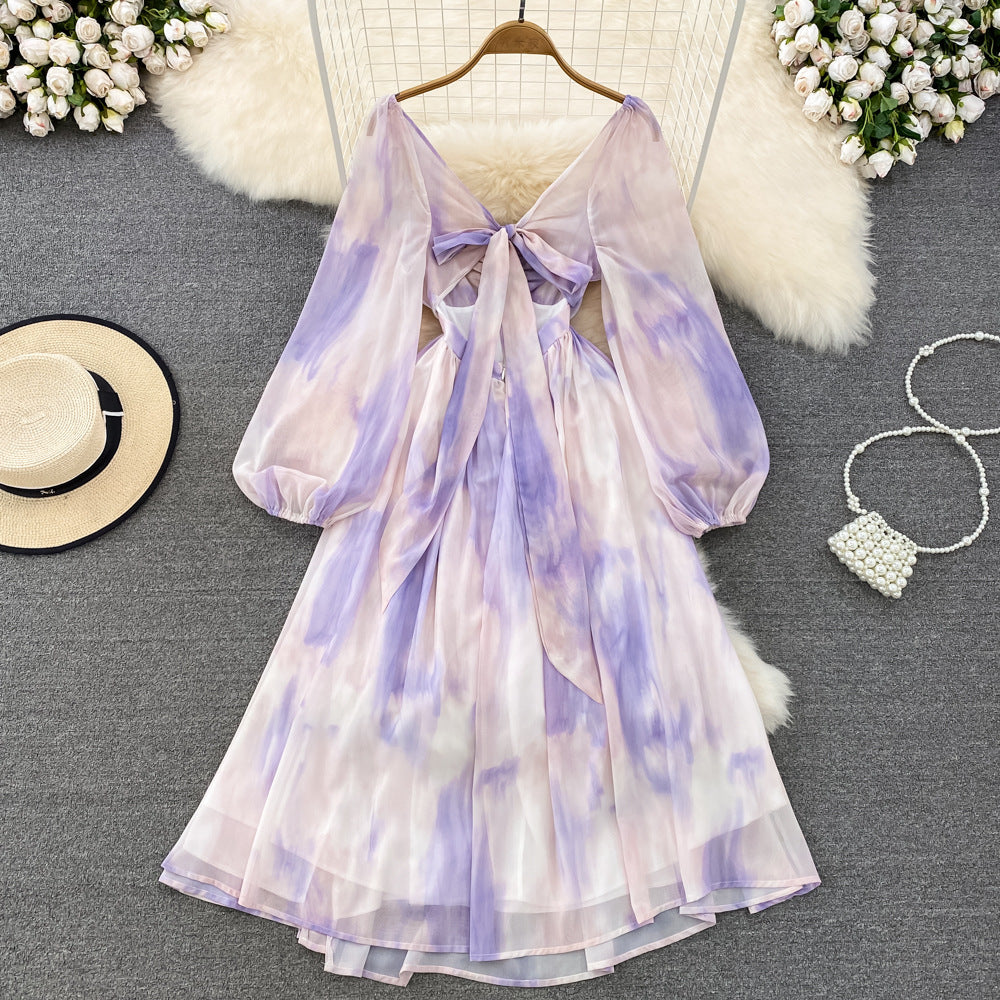 Spring and Autumn Ink Printing Dress Women V neck Pleated Chiffon Dress 1157