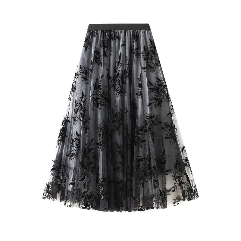 Printed Mesh Women's Mid-length A-line Floral Skirt 771