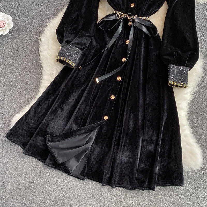 Autumn French Style Retro Velvet Dress Elegant Swing Long Skirt 842