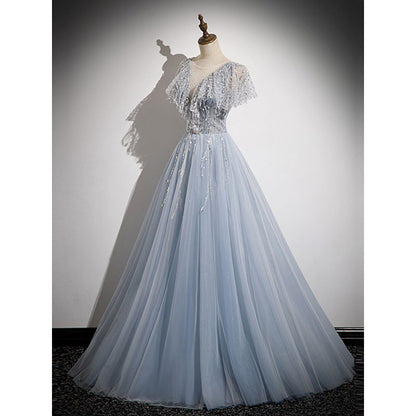 Deep V Neck A Line Prom Dress Gray Blue Sequins Evening Party Dress 656