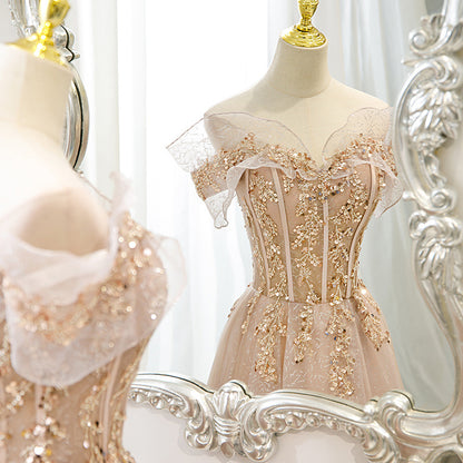 Off  Shoulder Pink Tulle Prom Dress Sequins Long Evening Formal Party Dress 189