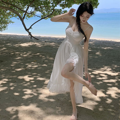 Ruffled Sexy Backless Slit Fairy Dress Summer White Long Spaghetti strap Dress 399