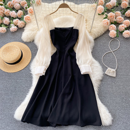 French Vintage Dress Satin Black Dress 830