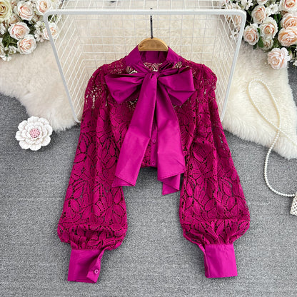Long Sleeve Bow Knot Loose Lace Blouse Top 335