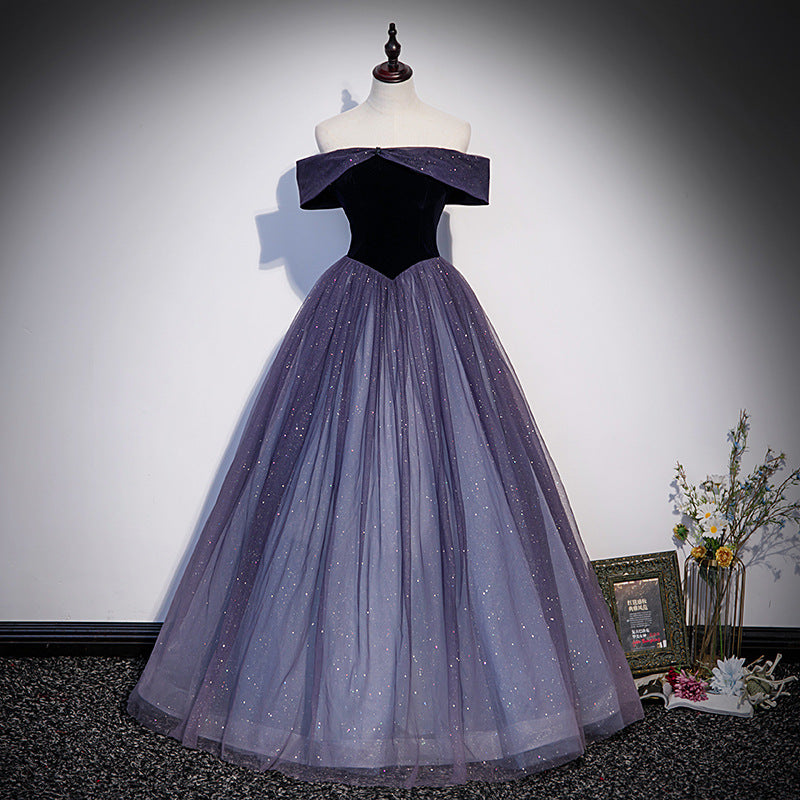 Purple Off Shoulder Prom Dress Formal Evening Gown Shiny Birthday Dress 635
