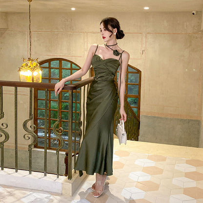 Green Satin Spaghetti Strap Dress Women 2023 Summer New Elegant Dress Long Dress 373