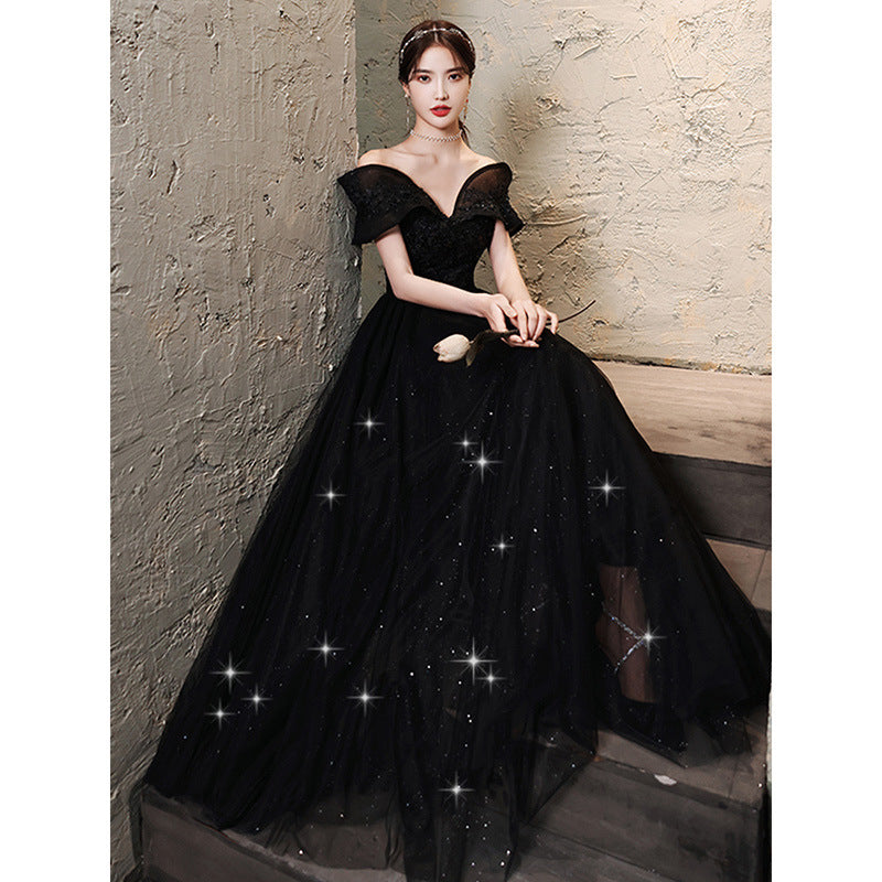 Off  Shoulder Black Sparkly Long Prom Dress Formal Evening Gown 208