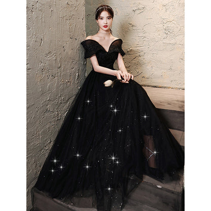 Off  Shoulder Black Sparkly Long Prom Dress Formal Evening Gown 208