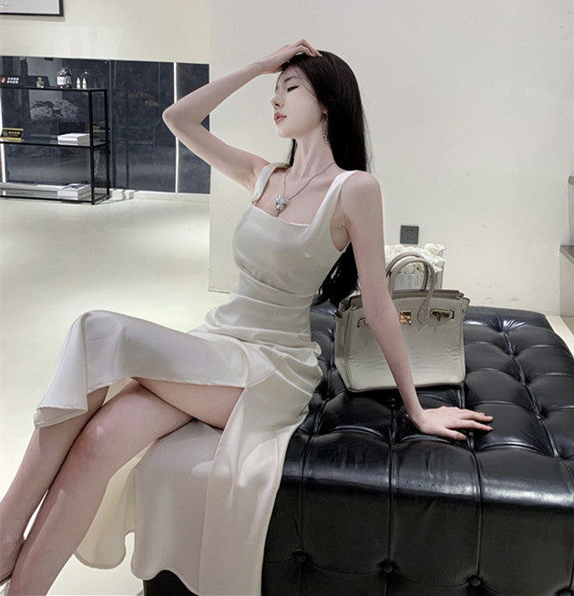 Summer New French Style White Satin Dress with Slits 780