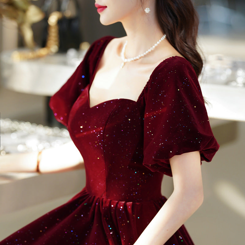 A Line Burgundy Velvet Prom Dress Formal Evening Gown Shiny Party Dress 546
