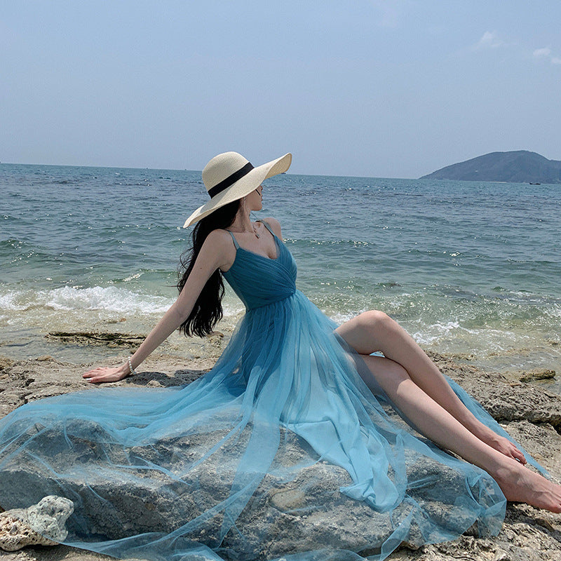 V Neck  Blue Tulle Long Dress with Slit Sweet Summer Beach Dress 410