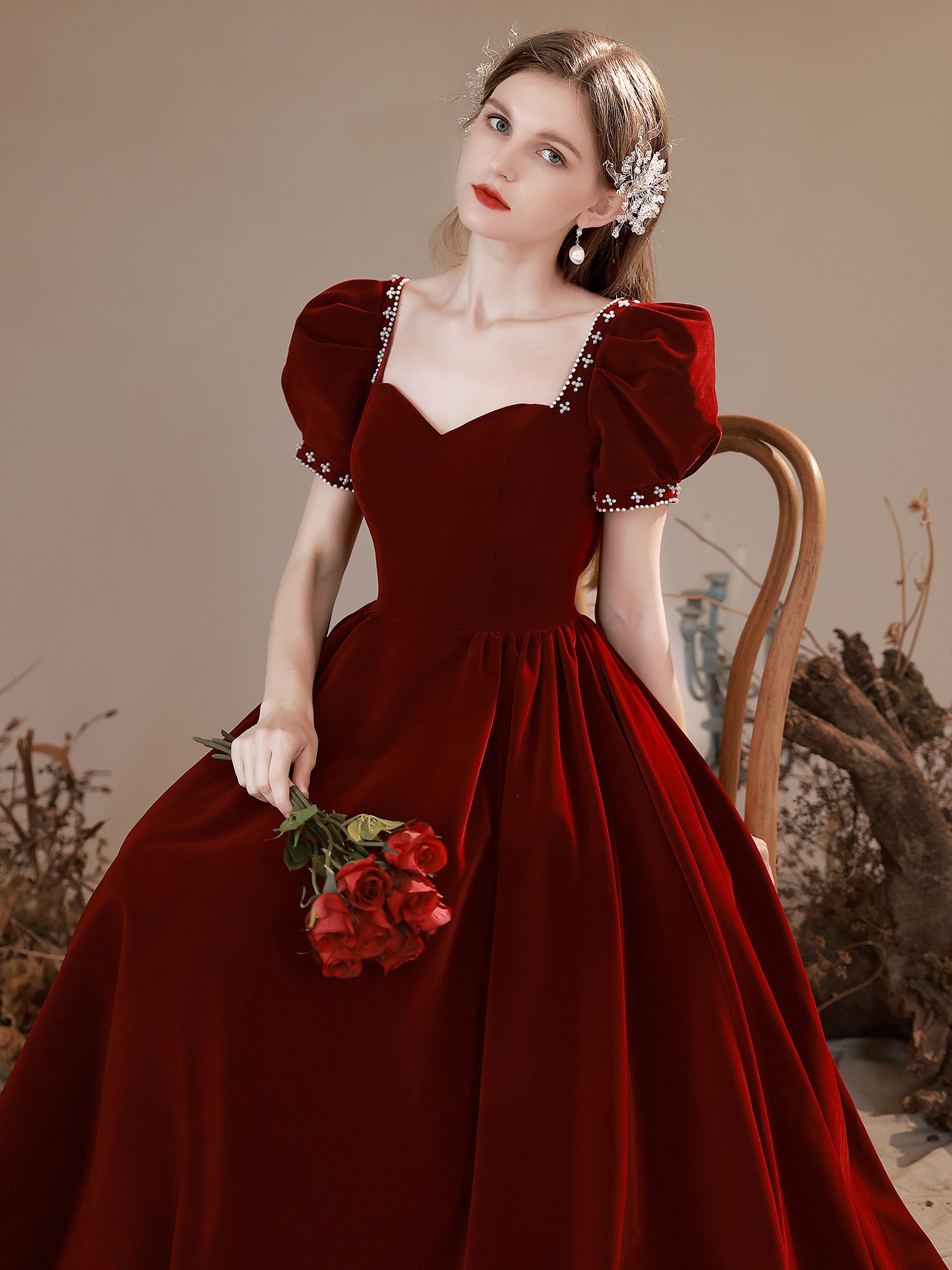 Sweetheart A Line Long Prom Dress Puff Sleeves Velvet Burgundy Evening Gown 574