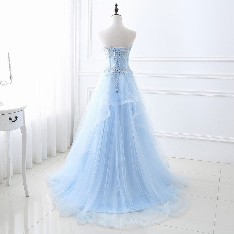 Baby Blue Strapless A Line Tulle  Prom Dress Formal Party Dress 218