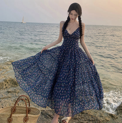 Blue Floral Dress Women Summer Spaghetti Strap Skirt V-Neck Holiday Long Dress 395