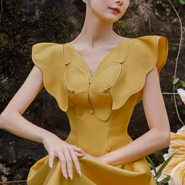Summer Yellow Butterfly V neck Dress Long Dress  1336