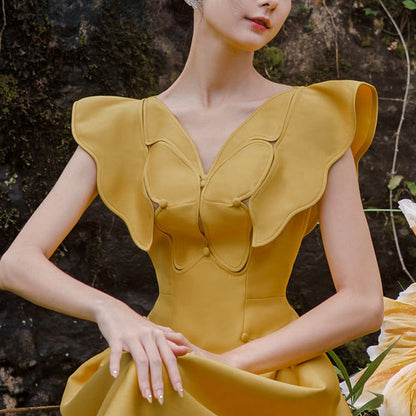 Summer Yellow Butterfly V neck Dress Long Dress  1336