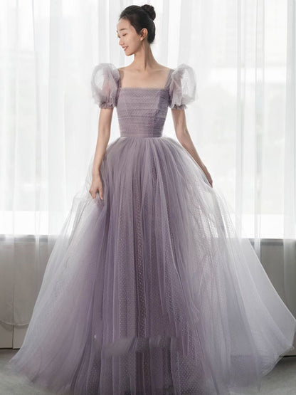 Violet Tulle A Line Long Prom Dress Puff Sleeves Formal Party Gown 310