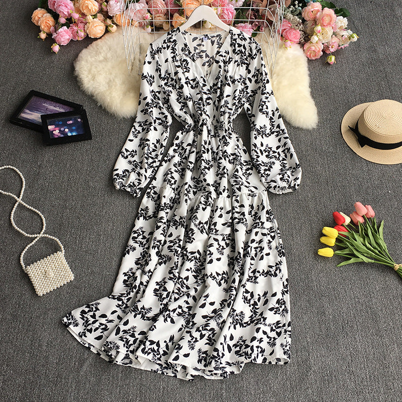 Autumn Retro Printed Dress Loose Casual V-neck Puff Sleeve Floral Dress 359