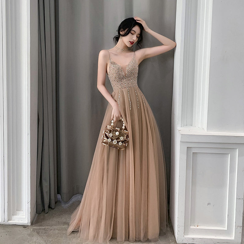 Spaghetti Strap Khaki Long Prom Dress Tulle Beaded Evening Dress 298