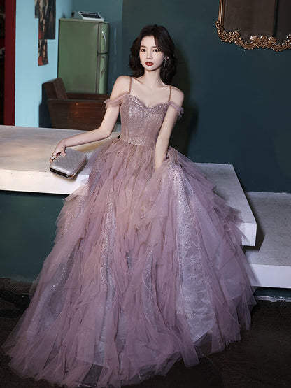 Cute Pink Fairy Long Dress Long Evening Dress Spaghetti Strap Formal Gown 170