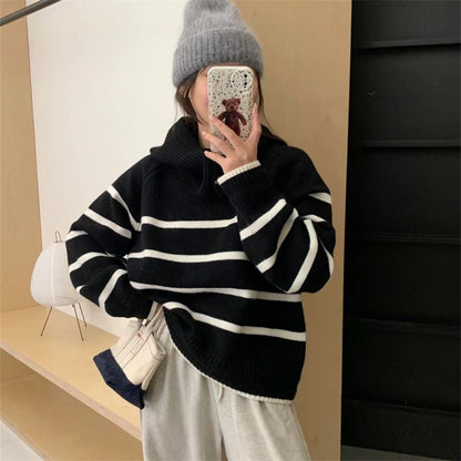 Round Neck Striped Pullover Sweater Autumn and Winter Design Loose Knitted Sweater 1955