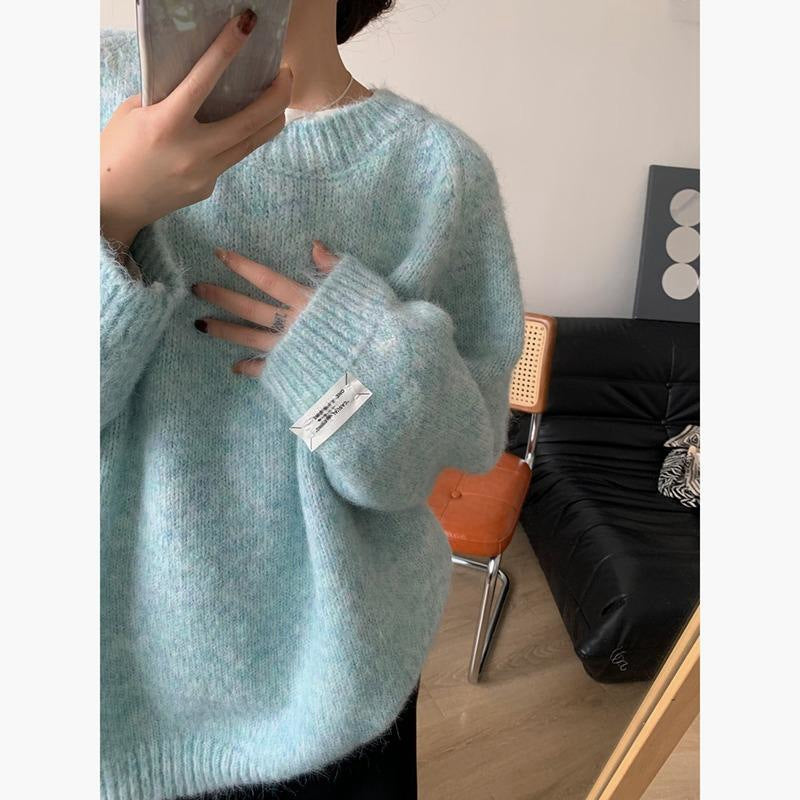 Furry Loose Pullover Sweater Round Neck Autumn Long Sleeve Soft Knitted Top 1949