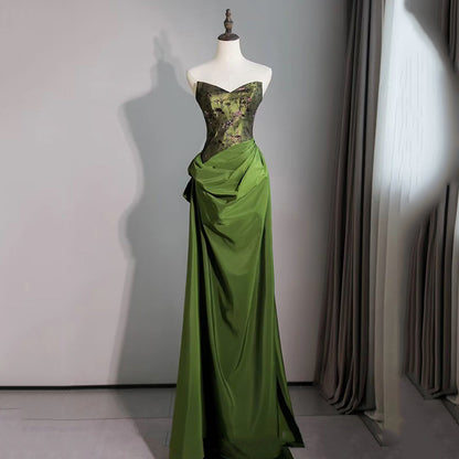 Green Strapless A Line Satin Long Prom Dress Retro Evening Gown 1961