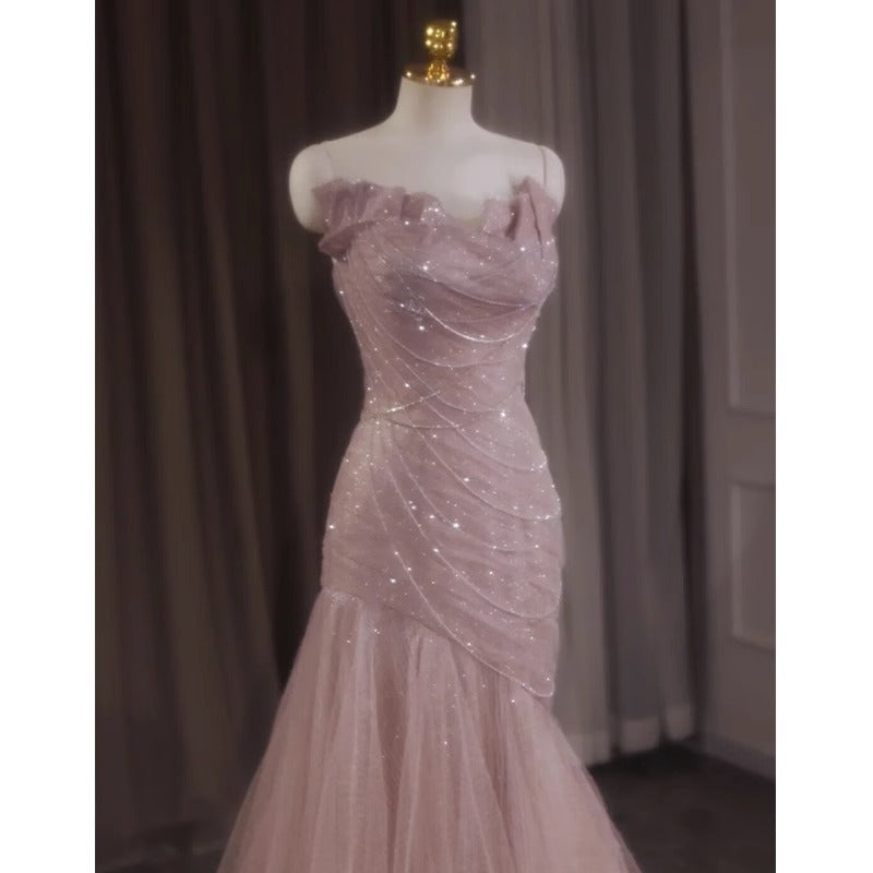 Pink Shiny Tulle Mermaid Prom Dress Fairy Formal Evening Dress 1964