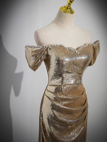 Gold Off-shoulder Sequin Evening Dress with Train 1969