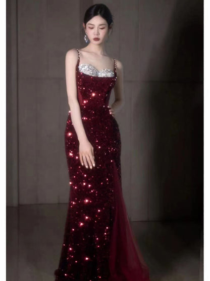 Spaghetti Strap Sequined Evening Gown with Slit 1965