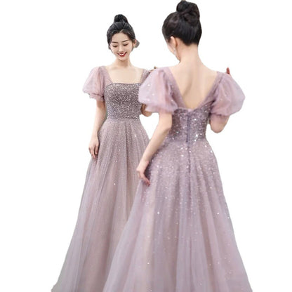 Sequins Tulle A Line Prom Dress Sweet Puff Sleeves Formal Party Dress 604