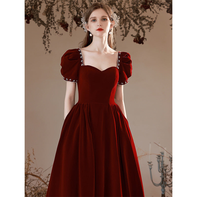 Sweetheart A Line Long Prom Dress Puff Sleeves Velvet Burgundy Evening Gown 574