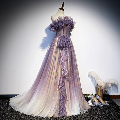 Purple Gradient Tulle Prom Dress Sparkly Off  Shoulder Evening Dress  146