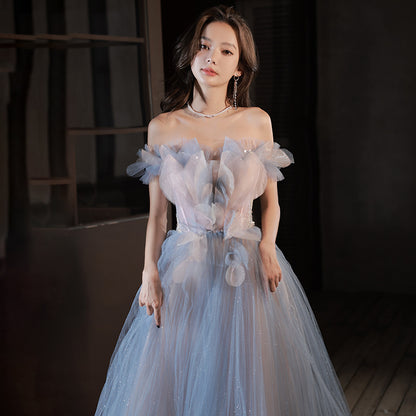 Off Shoulder Sweet Blue Shiny Tulle Prom Dress A Line Formal Party Dress 661