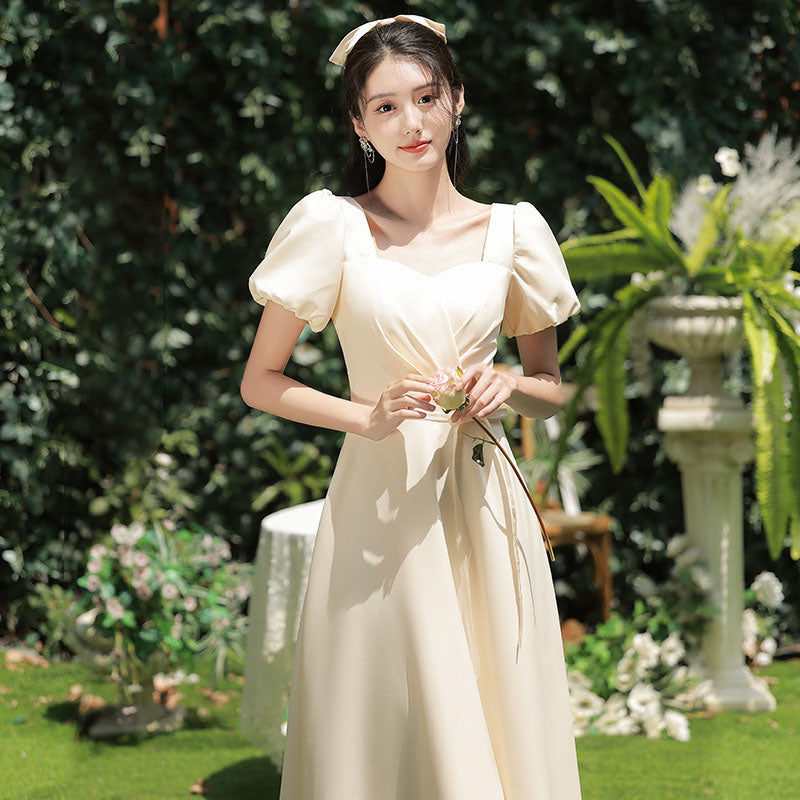 Champagne Satin Bridesmaid Dress Simple Long Evening Dress Formal Party Gown 530