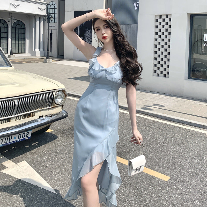 Sheath French Gentle Dress Blue Spaghetti Strap Dress Women Summer  424