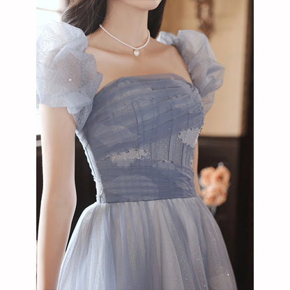 Off Shoulder Blue Sparkly Prom Dress A Line Tulle Puff Sleeves Blue Party Gown 591