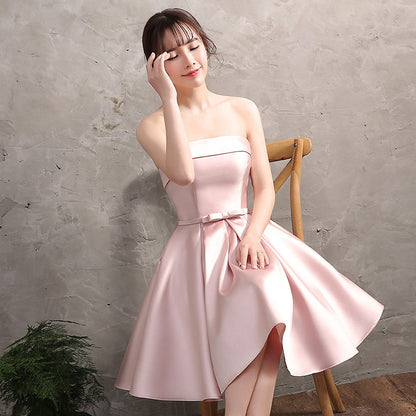 Off Shoulder Pink Homecoming Dress Satin Short Bridesmaid Dress 552
