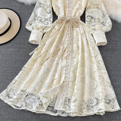Retro Long-sleeved Lace Dress Fairy Big Swing Long Skirt 249