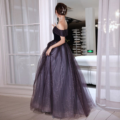 Purple Off Shoulder Prom Dress Formal Evening Gown Shiny Birthday Dress 635