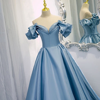 Off Shoulder Blue Satin Prom Dress Formal Evening Party Ball Gown 684