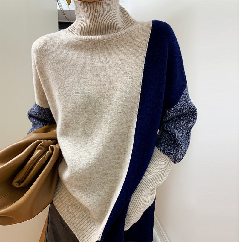 Women Turtleneck Color Matching Sweater Autumn Winter Loose Lazy Knitted Top 1140