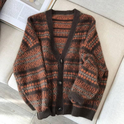 Retro V Neck Knitted Cardigan Spring  Autumn Color Matching Soft Sweater Jacket 1143