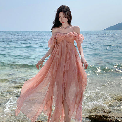 French Fairy Ruffles Long Dress Off Shoulder Thin Shoulder Dress Summer 786