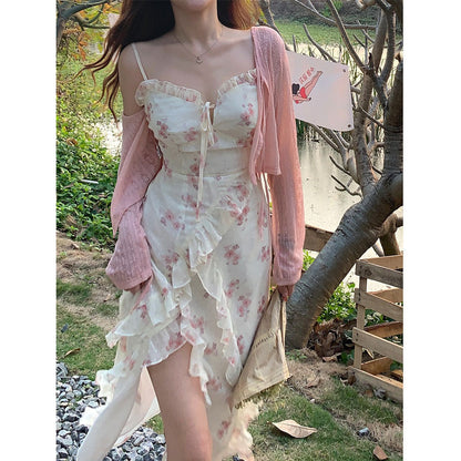 Floral Spaghetti Strap Dress Summer New Slit Mid-length Skirt  827