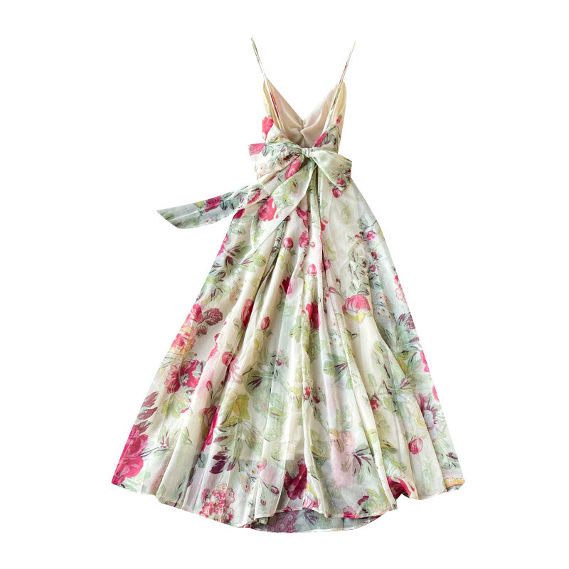 V-neck Floral Chiffon Dress Summer Spaghetti Strap Long Skirt  438