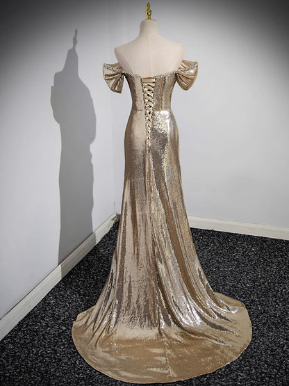 Gold Off-shoulder Sequin Evening Dress with Train 1969