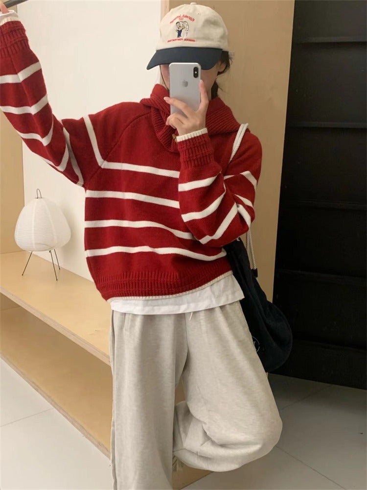 Round Neck Striped Pullover Sweater Autumn and Winter Design Loose Knitted Sweater 1955