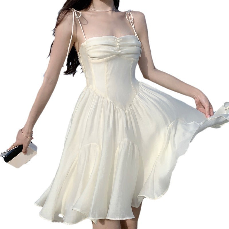 Spaghetti Straps A-line Chiffon Dress Fairy Off-white Short Dress 1924